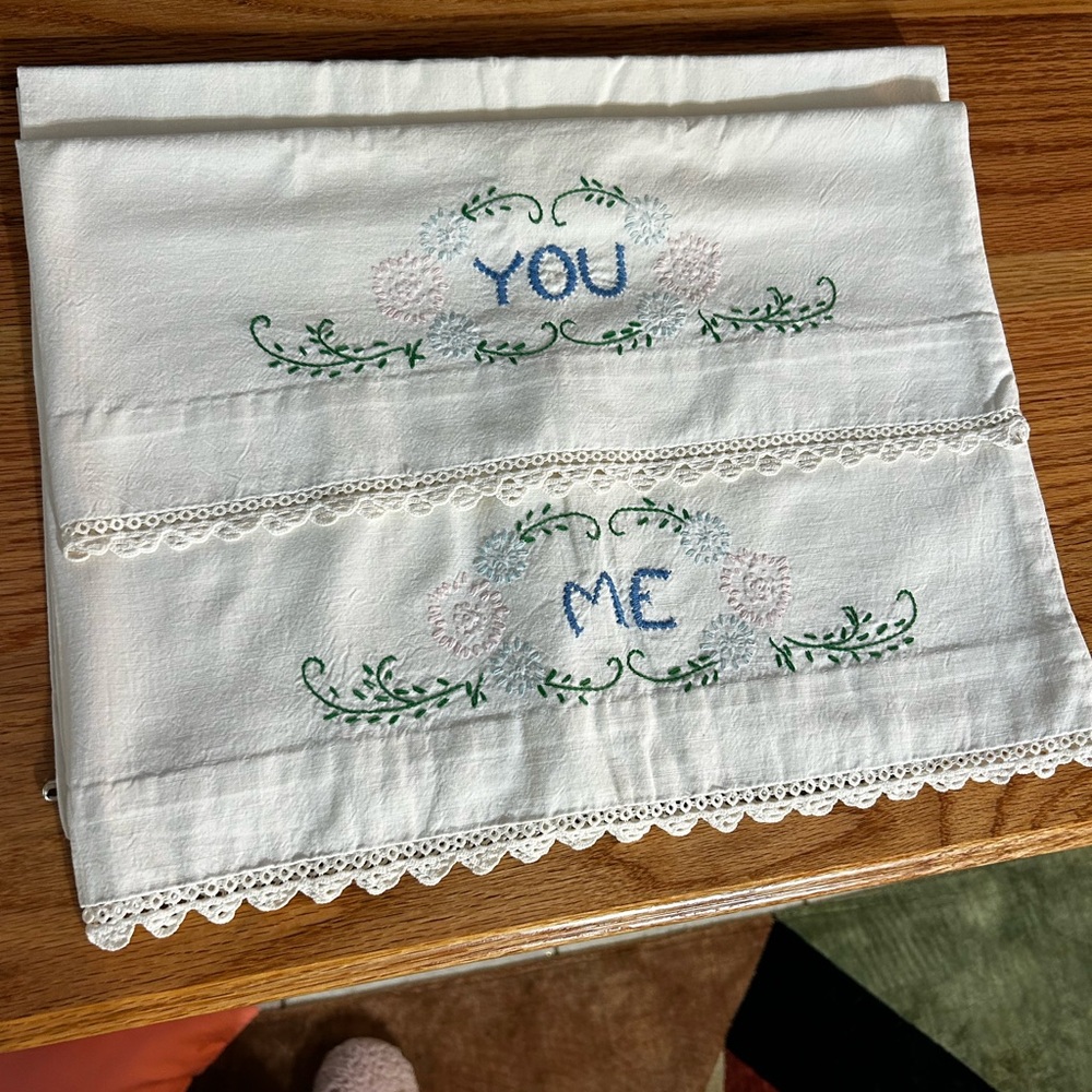 Embroidered 'You' & 'Me' White Linen Pillowcase Set - Floral Motif